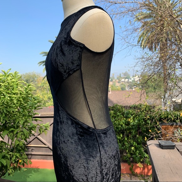 VINTAGE Black Crushed Velvet Sheer Paneled Side Slit Midi Dress size Small - Picture 5 of 11